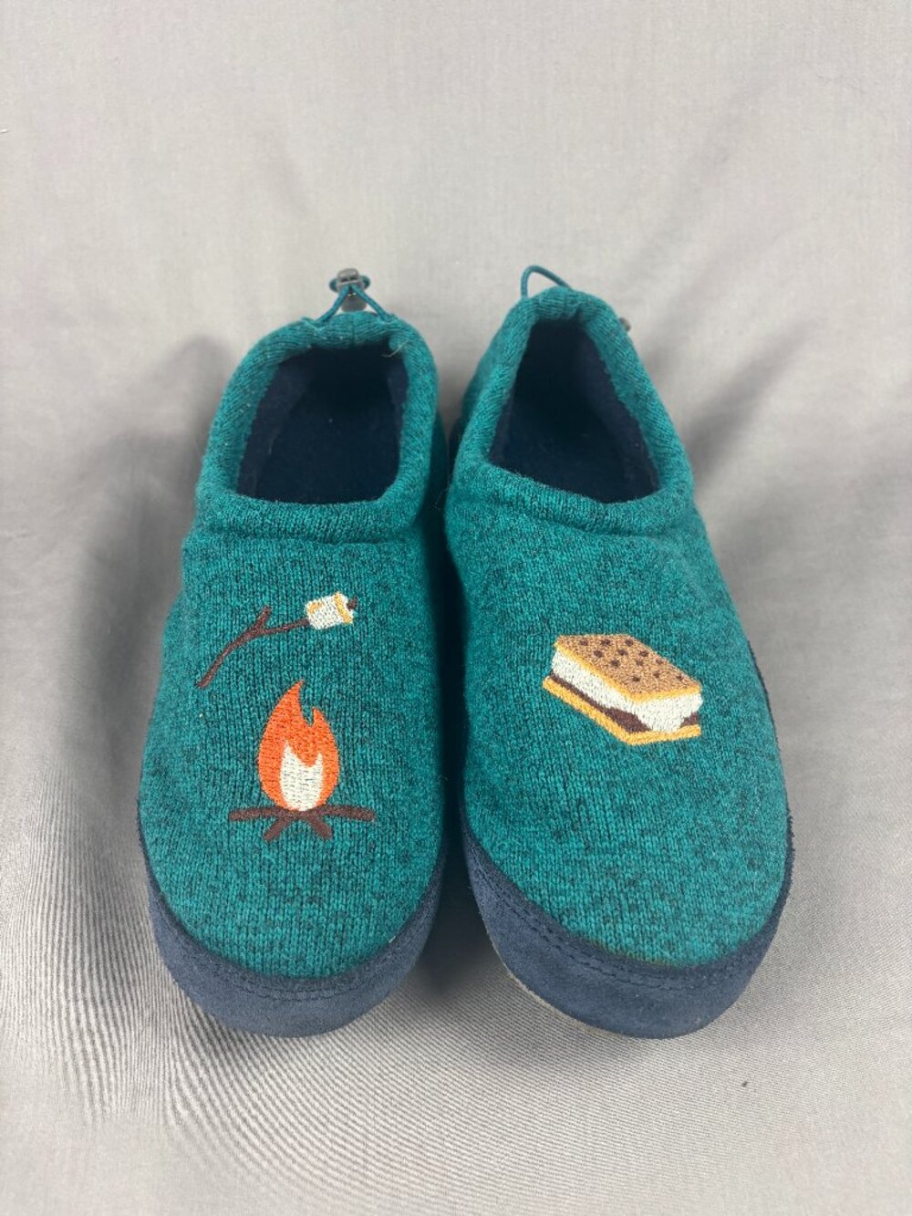 L.L. Bean Sweater Fleece Slippers Kids 5-6 Blue S'mores Motif Embroidered
